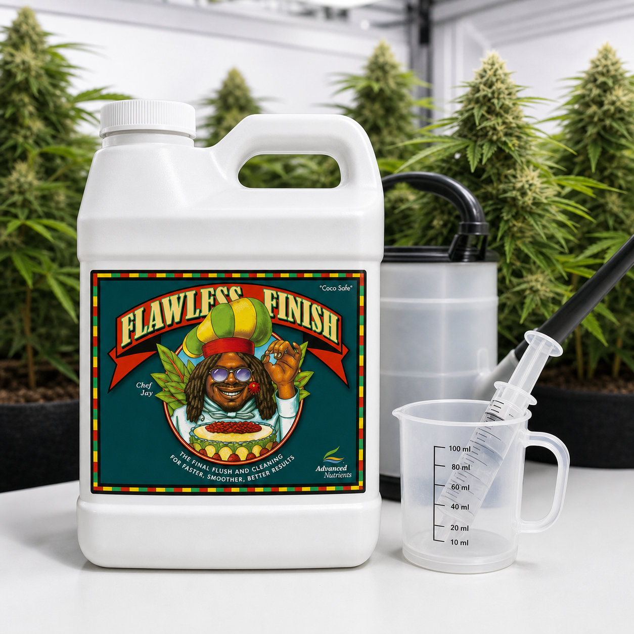 Garrafa de Flawless Finish Advanced Nutrients junto a una jarra graduada con jeringa y una regadera, con plantas al fondo.