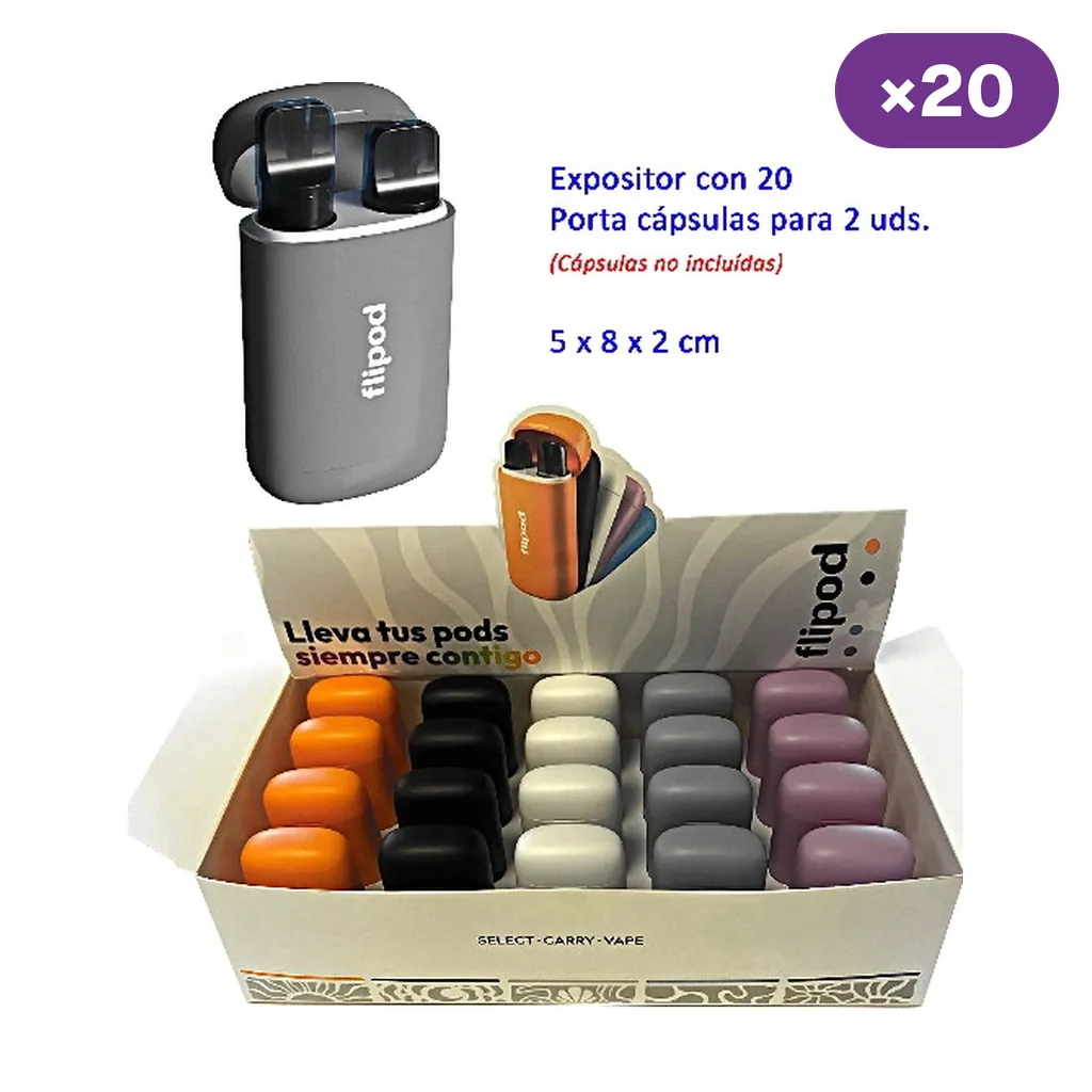 Expositor Flipod con portacápsulas en varios colores y detalle de un modelo gris abierto con dos alojamientos; el rótulo indica 20 unidades.