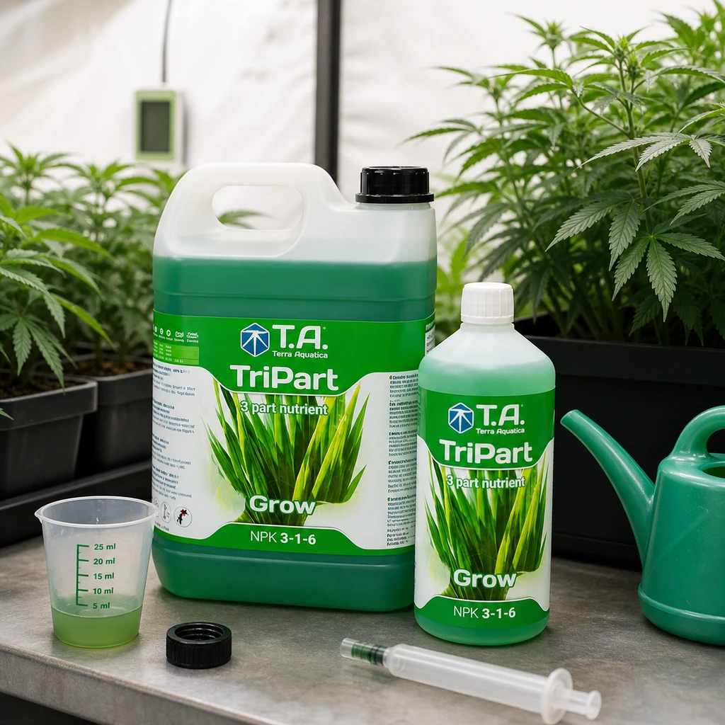TriPart Grow de Terra Aquatica en garrafa y botella, con etiqueta NPK 3-1-6, junto a vaso medidor, jeringa y regadera entre plantas de cannabis. TriPart Grow de Terra Aquatica en garrafa y botella, con etiqueta NPK 3-1-6, junto a vaso medidor, jeringa y regadera entre plantas de cannabis.