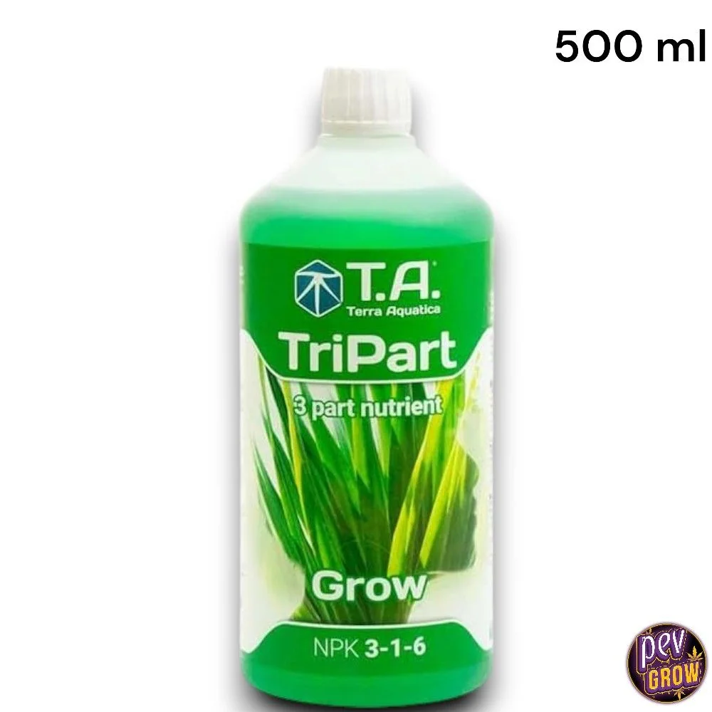 Botella de TriPart Grow de Terra Aquatica de 500 ml, con tapón blanco, etiqueta verde y fórmula NPK 3-1-6 visible.