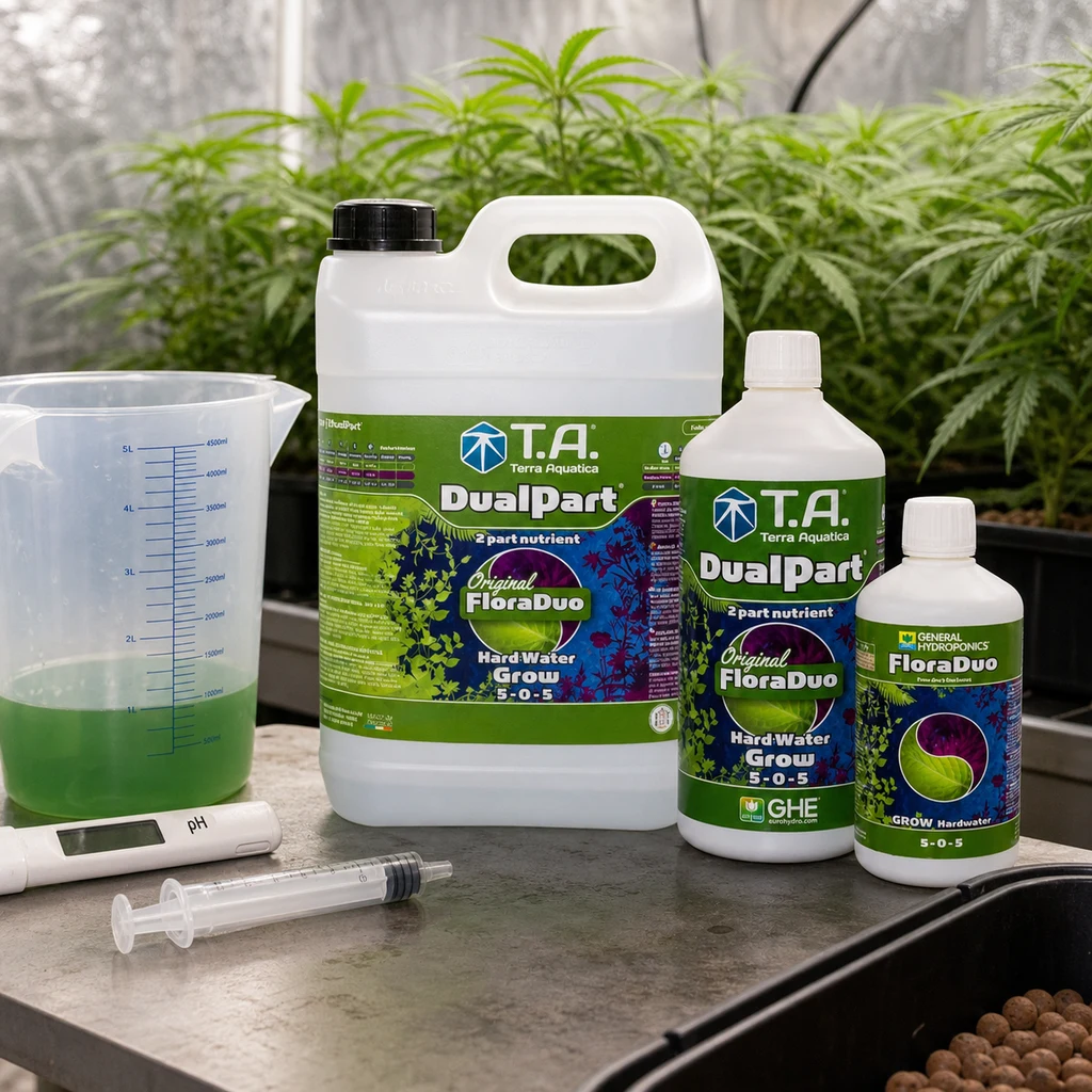 Envases de FloraDuo Grow HW de distintos formatos junto a una jarra con líquido verde, medidor de pH y jeringa, con plantas al fondo.