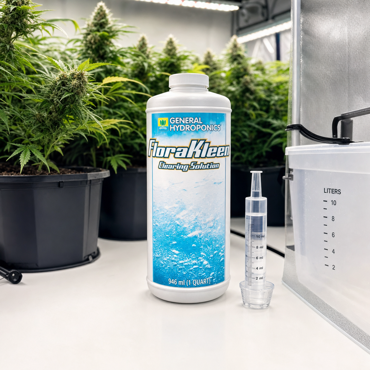 Botella de FloraKleen de General Hydroponics junto a una jeringa dosificadora y un depósito graduado, con plantas al fondo.