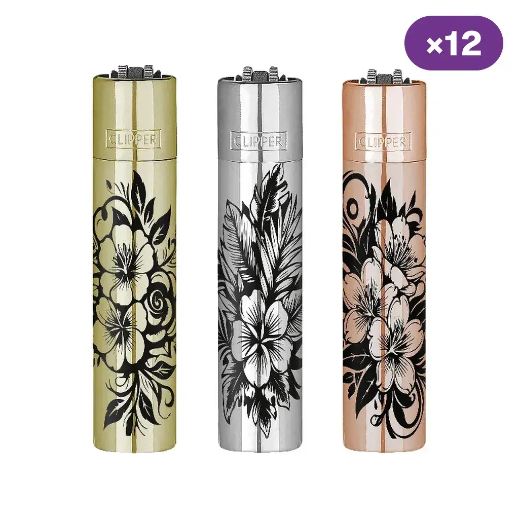 Modelos Clipper Floral con acabado dorado, plateado y cobrizo, decorados con flores negras; distintivo de 12 unidades.