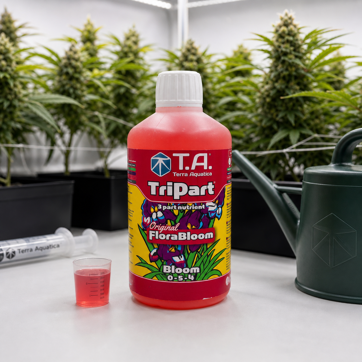 Botella roja de Terra Aquatica TriPart FloraBloom, con vaso dosificador, jeringa y regadera ante plantas de cannabis en floración. Botella roja de Terra Aquatica TriPart FloraBloom, con vaso dosificador, jeringa y regadera ante plantas de cannabis en floración.