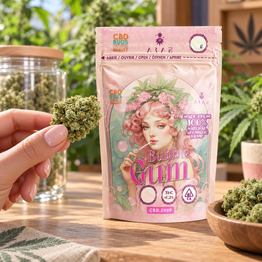 Una mano sostiene un cogollo junto a una bolsa rosa de Flores CBD Bubble Gum, con una figura ilustrada y un cuenco con más flores.
