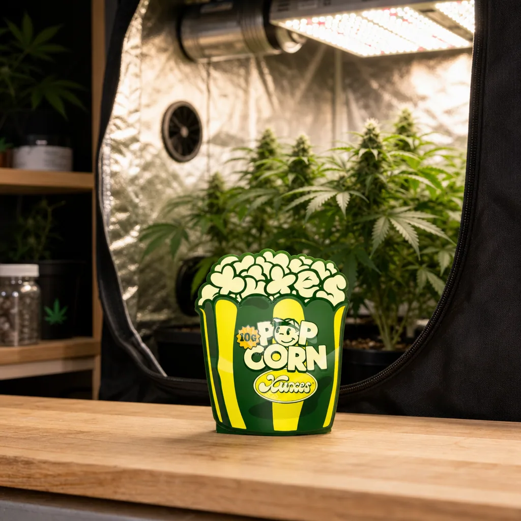 Envase verde y amarillo Pop Corn Xuxes con dibujo de palomitas sobre una mesa, ante un armario de cultivo abierto con plantas e iluminación. Envase verde y amarillo Pop Corn Xuxes con dibujo de palomitas sobre una mesa, ante un armario de cultivo abierto con plantas e iluminación.