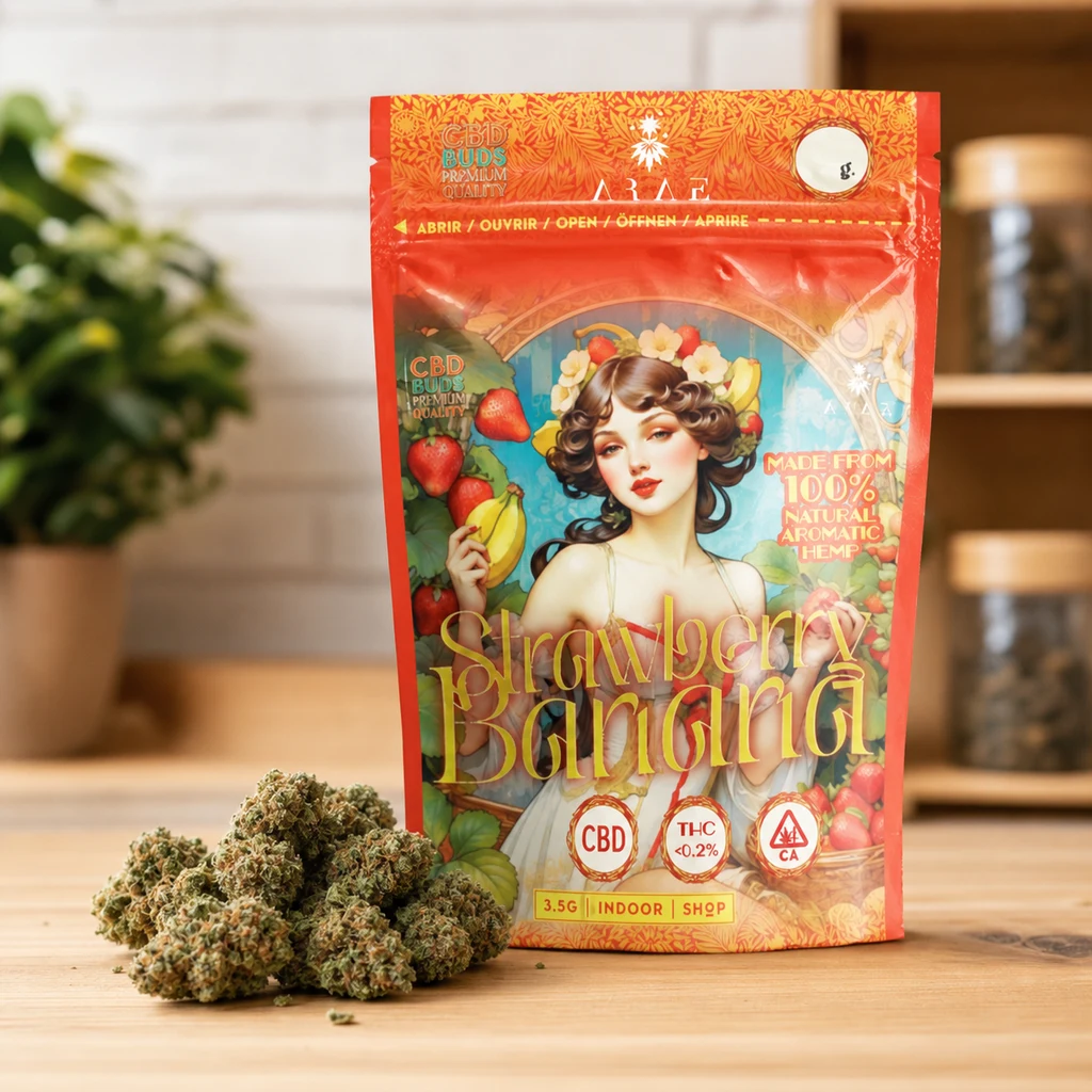 Escena generada de una bolsa roja Strawberry Banana con una mujer ilustrada y frutas, junto a varios cogollos sobre una mesa de madera.