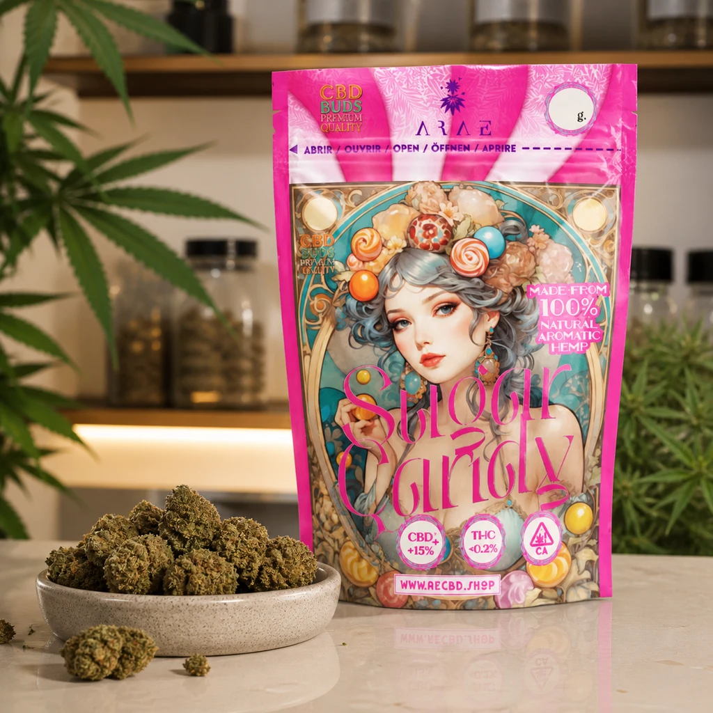 Bolsa rosa de flores CBD Sugar Candy con ilustración femenina y un cuenco con cogollos delante, sobre una encimera.
