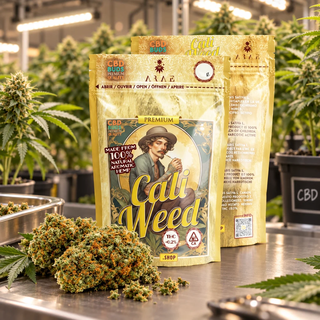 Bolsas doradas de flores CBD Premium Cali Weed junto a cogollos sobre una mesa metálica, con plantas y luces de cultivo al fondo. Bolsas doradas de flores CBD Premium Cali Weed junto a cogollos sobre una mesa metálica, con plantas y luces de cultivo al fondo.