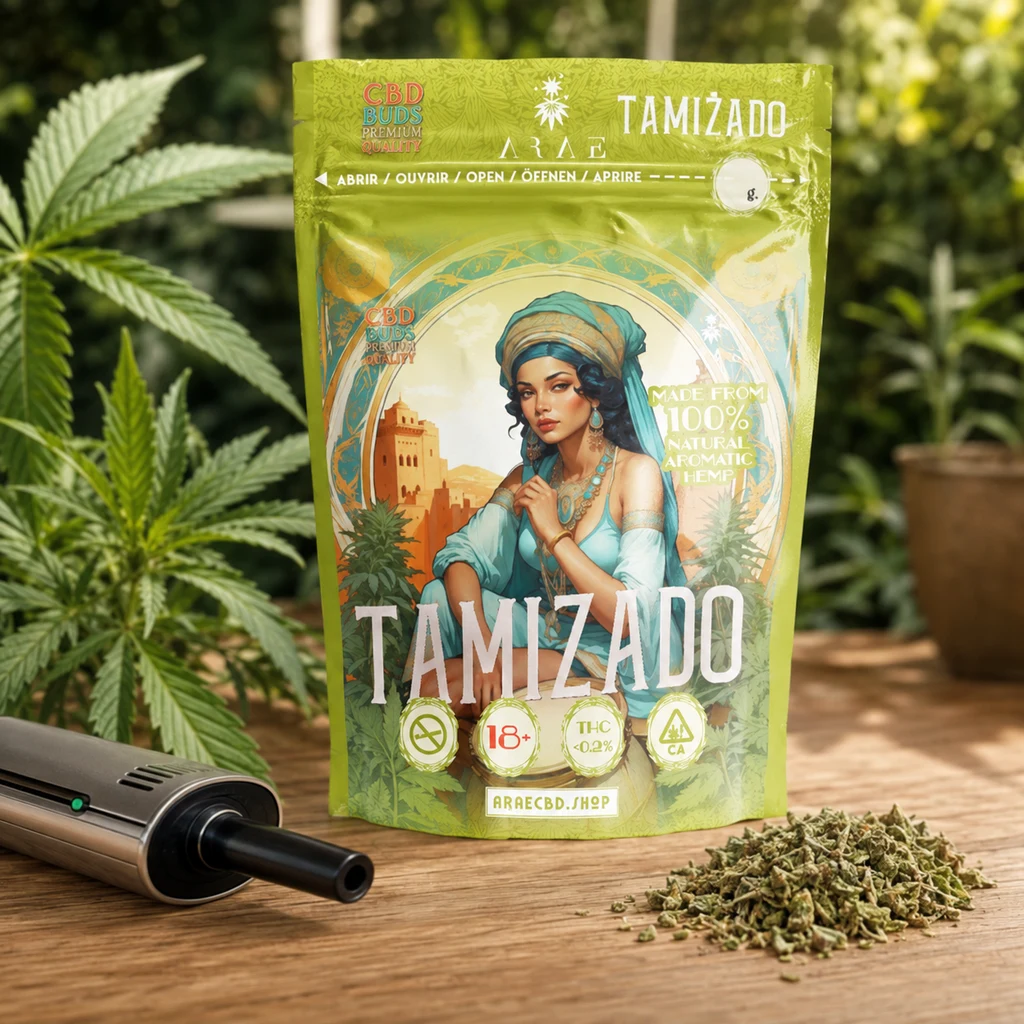 Bolsa verde de Tamizado con una mujer ilustrada, sobre una mesa junto a un vaporizador y un montón de material vegetal.