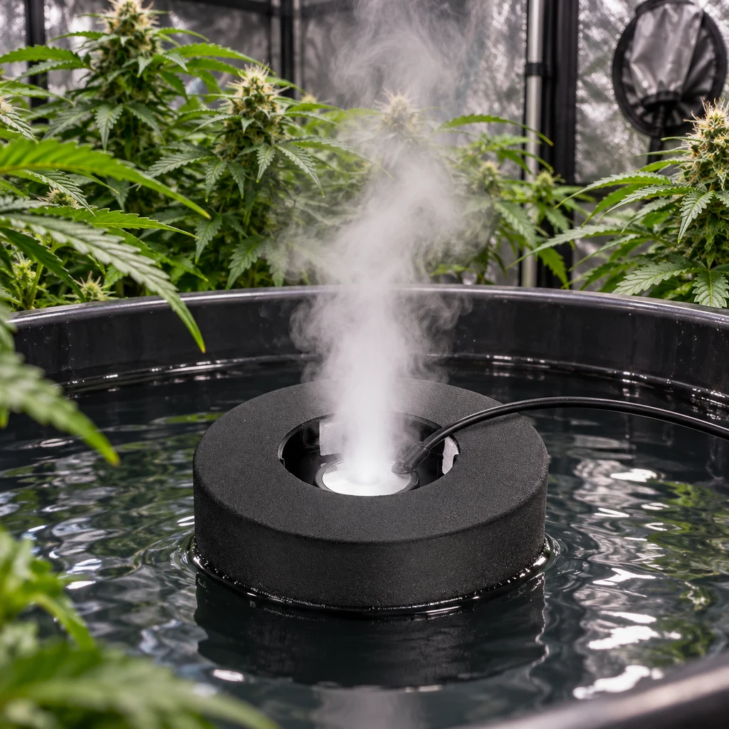 Escena generada de un flotador negro para humidificador en un depósito de agua, con una columna de niebla y plantas alrededor.