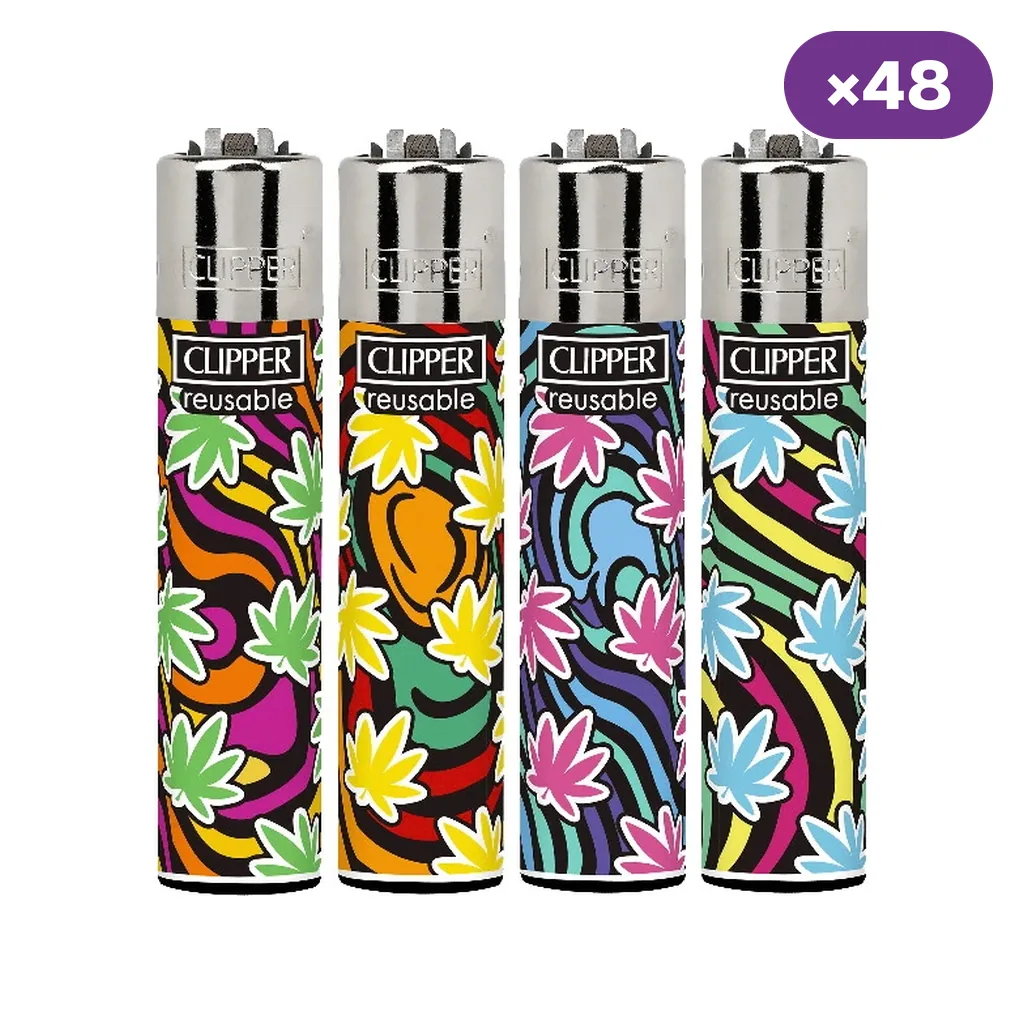 Encendedores Clipper Flow Grass con hojas de distintos colores y líneas onduladas sobre fondo negro; distintivo de 48 unidades.