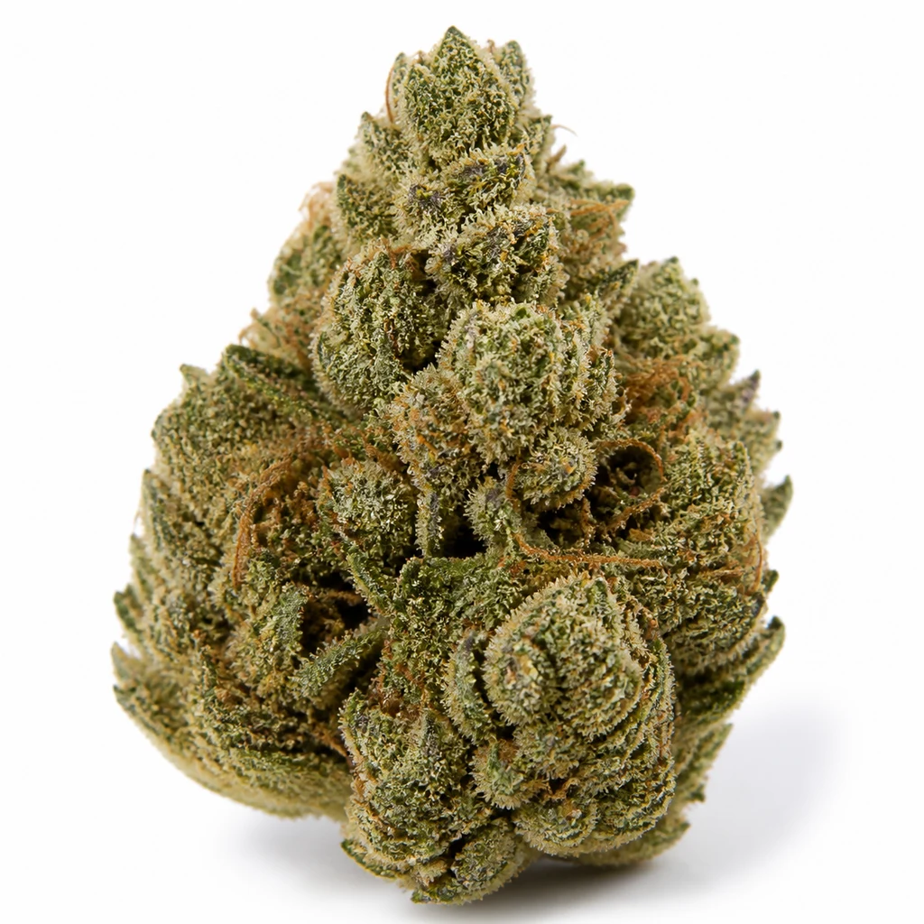 Ilustración de un cogollo compacto con pistilos anaranjados y superficie resinosa para la ficha de Flowerbomb Kush Feminizada.
