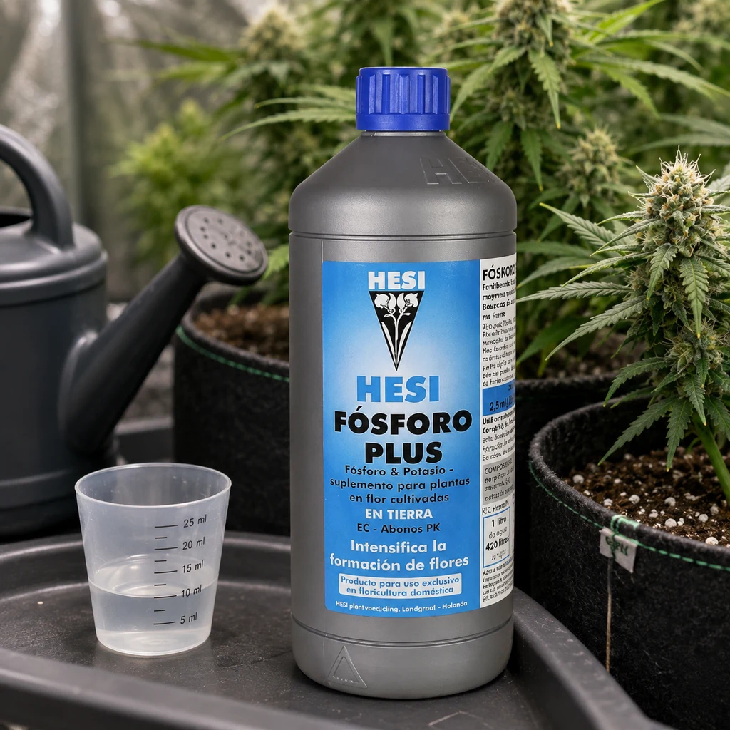 Botella de Hesi Fósforo Plus con tapón azul, junto a un vaso dosificador y una regadera, entre plantas en floración.