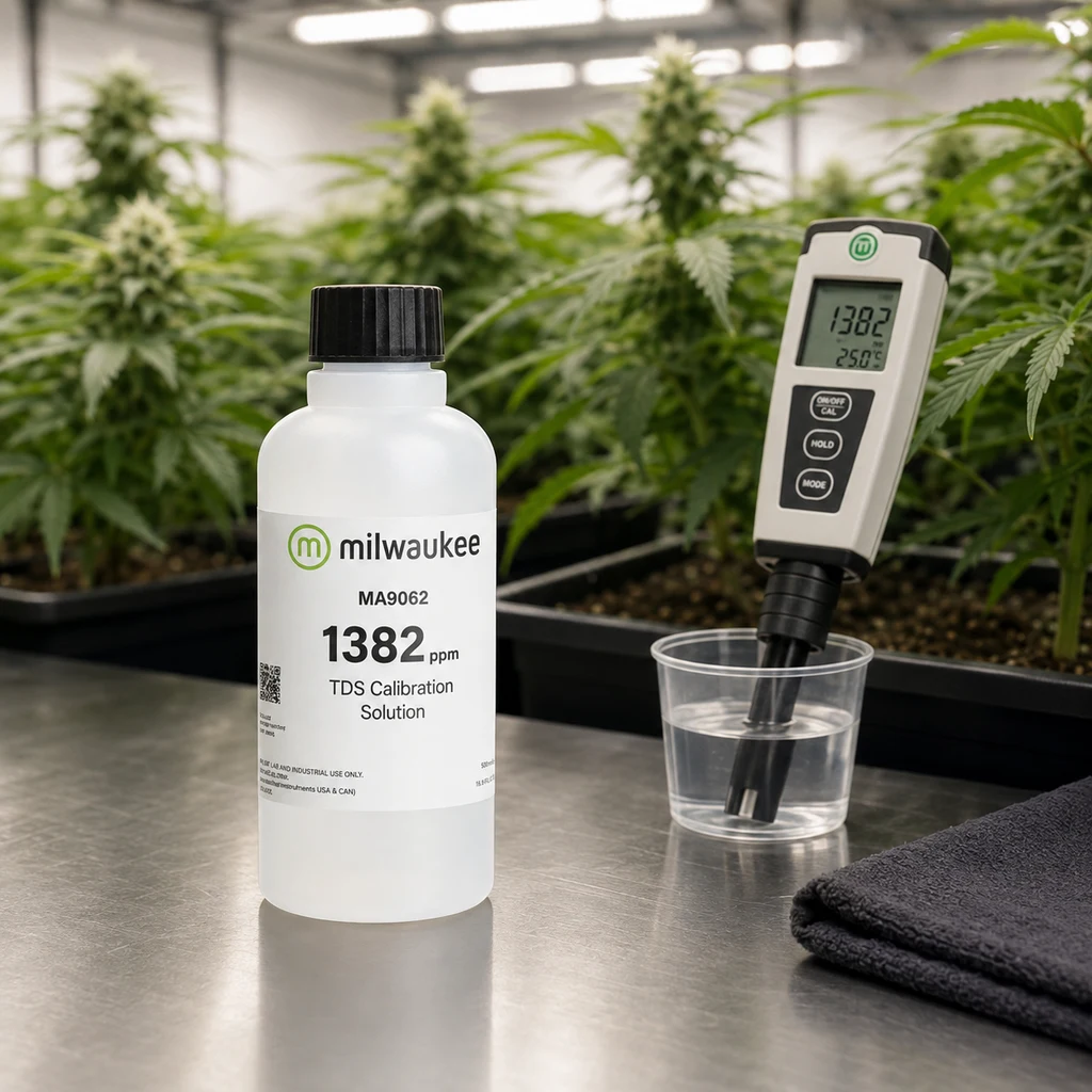 Frasco Milwaukee MA9062 con etiqueta de solución TDS de 1382 ppm, junto a un medidor sumergido en un vaso y plantas al fondo. Frasco Milwaukee MA9062 con etiqueta de solución TDS de 1382 ppm, junto a un medidor sumergido en un vaso y plantas al fondo.