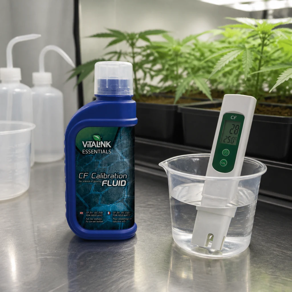 Escena ilustrativa del fluido de calibración Essentials junto a un medidor sumergido en un vaso transparente y plantas al fondo. Escena ilustrativa del fluido de calibración Essentials junto a un medidor sumergido en un vaso transparente y plantas al fondo.