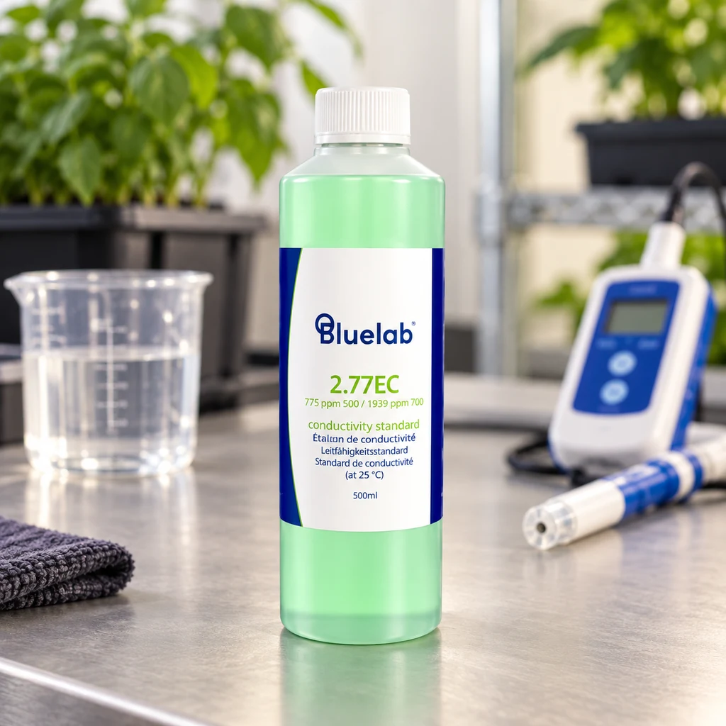 Escena generada con botella Bluelab 2.77 EC de 500 ml sobre una mesa, junto a un vaso graduado, un medidor y una sonda.