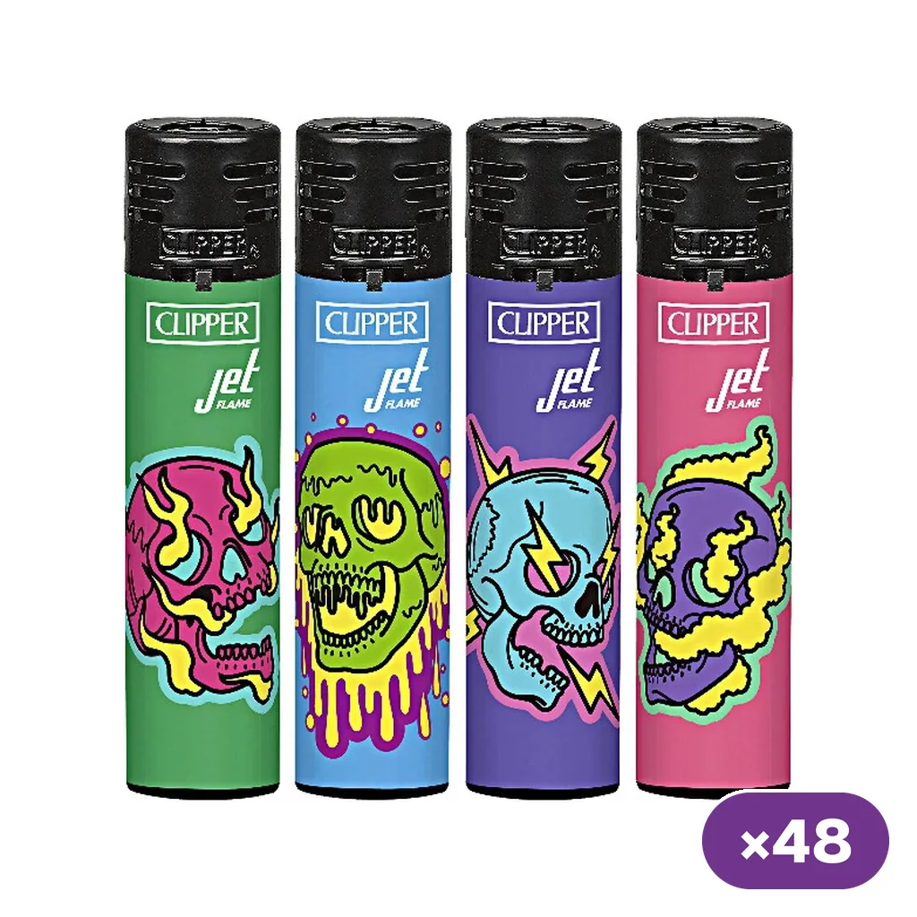 Selección de encendedores Clipper Jet Flame en distintos colores con calaveras fluorescentes y distintivo «×48».