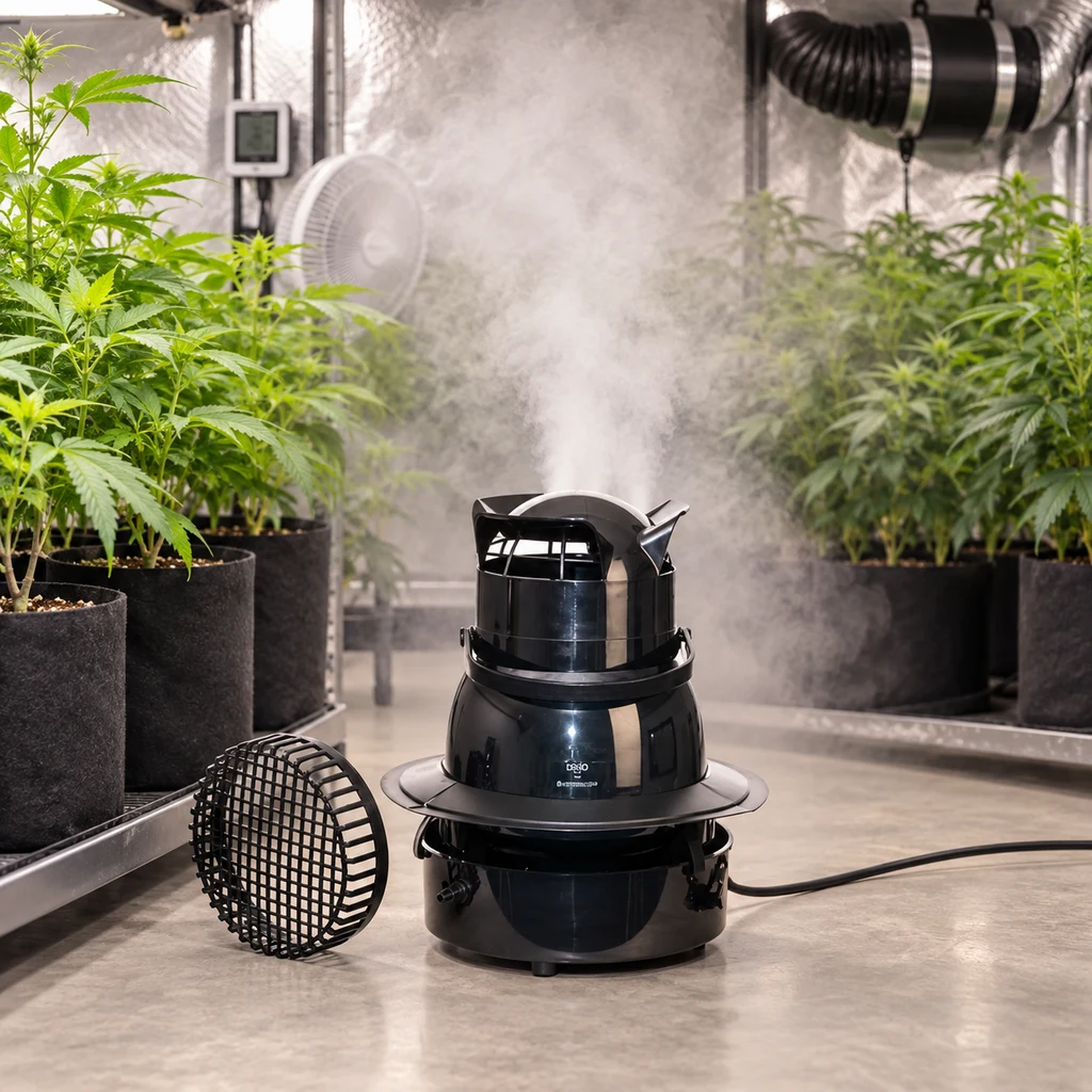Humidificador Hidro Flow Fogger negro con una nube de niebla sobre la salida y una rejilla a su lado, entre plantas de cultivo interior.