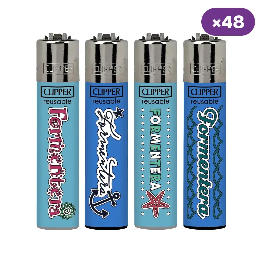 Encendedores Clipper con distintos diseños de Formentera en azul y turquesa, con motivos marinos y distintivo de 48 unidades.