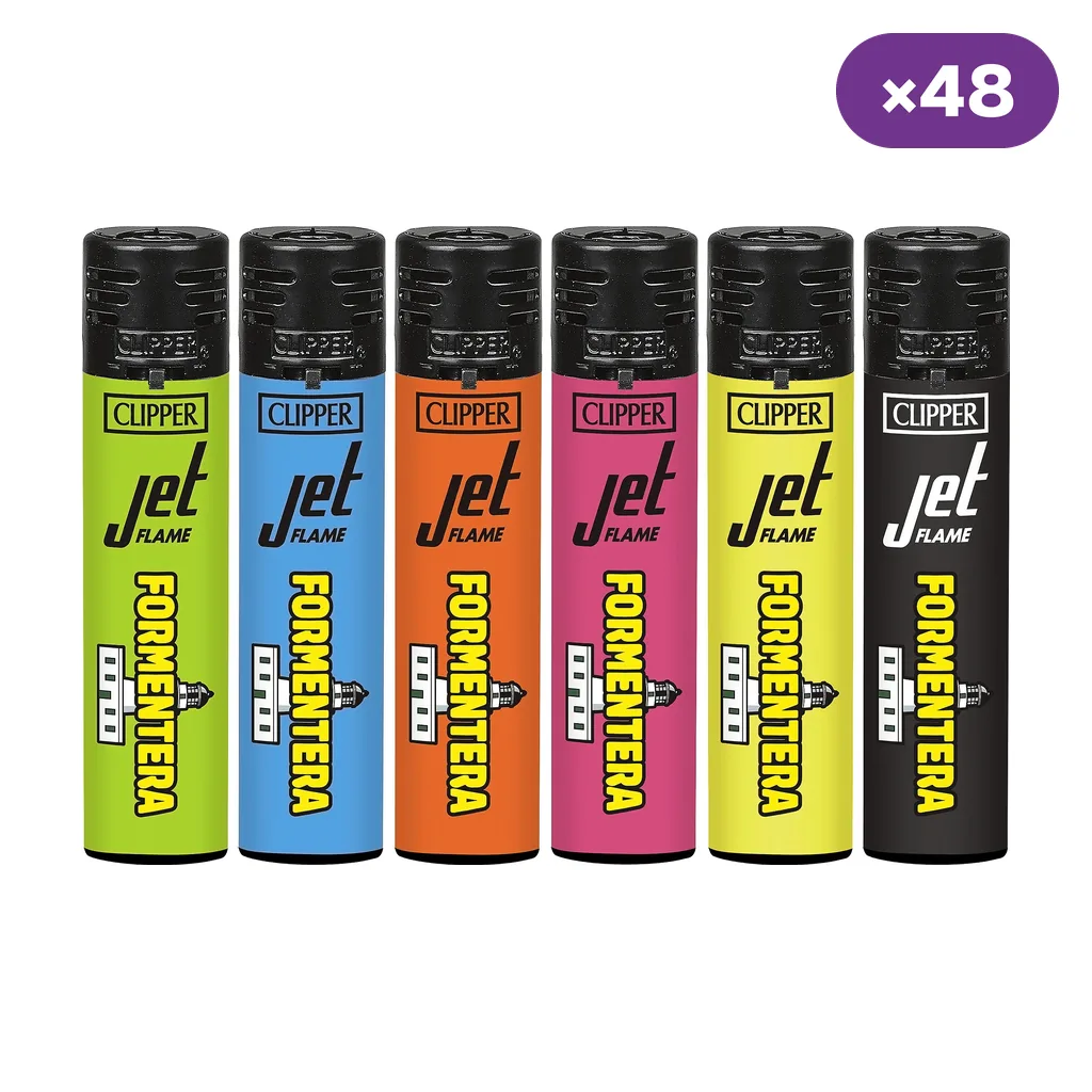 Encendedores Clipper Jet Flame Formentera en varios colores, alineados sobre fondo blanco, con un distintivo de 48 unidades.