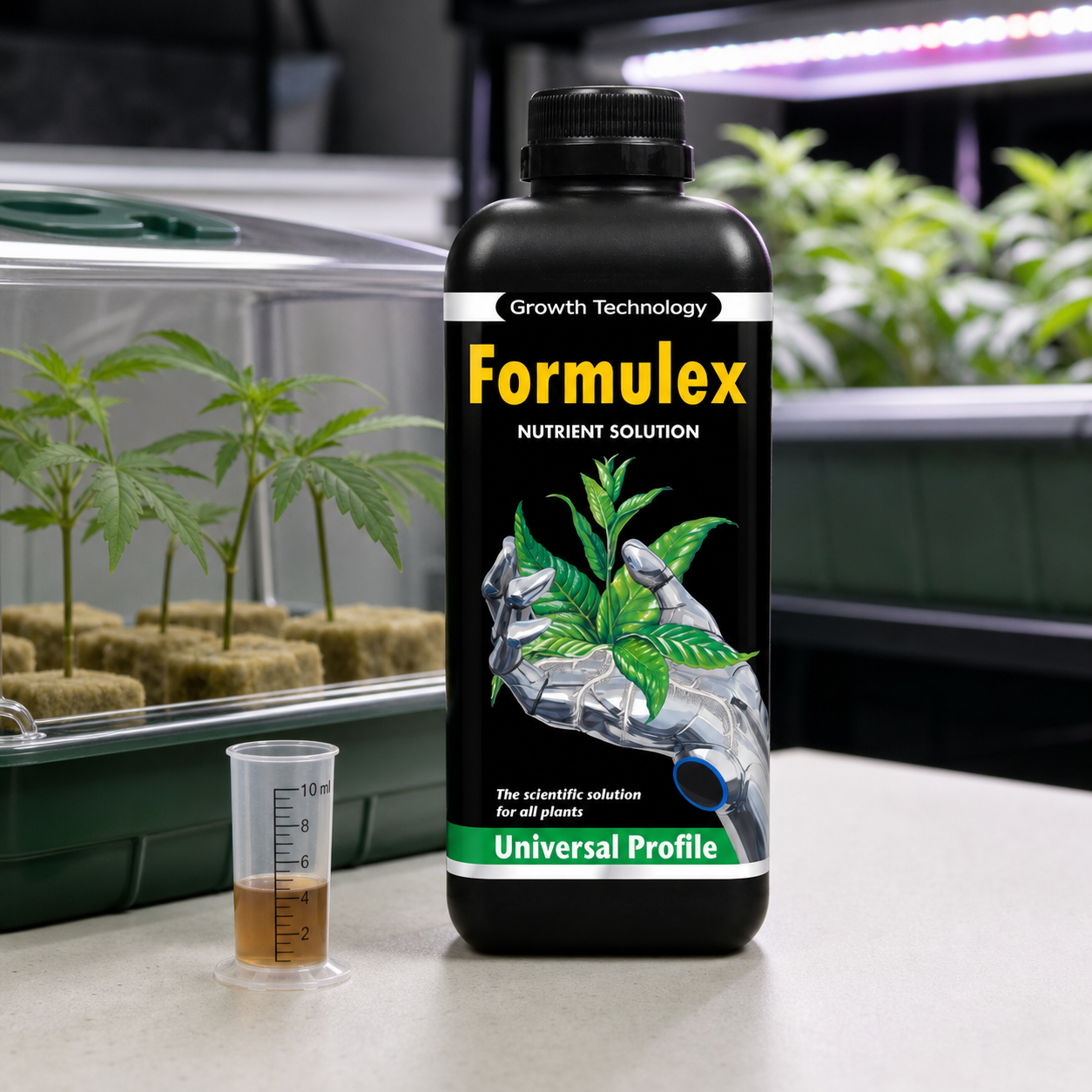 Botella negra de Formulex Growth Technology junto a un vaso graduado con líquido ámbar y una bandeja de plantas bajo cubierta transparente.