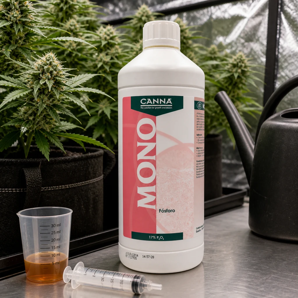 Escena generada de un bote Canna Mono Fósforo junto a un vaso graduado y una jeringa, con plantas y una regadera al fondo. Escena generada de un bote Canna Mono Fósforo junto a un vaso graduado y una jeringa, con plantas y una regadera al fondo.