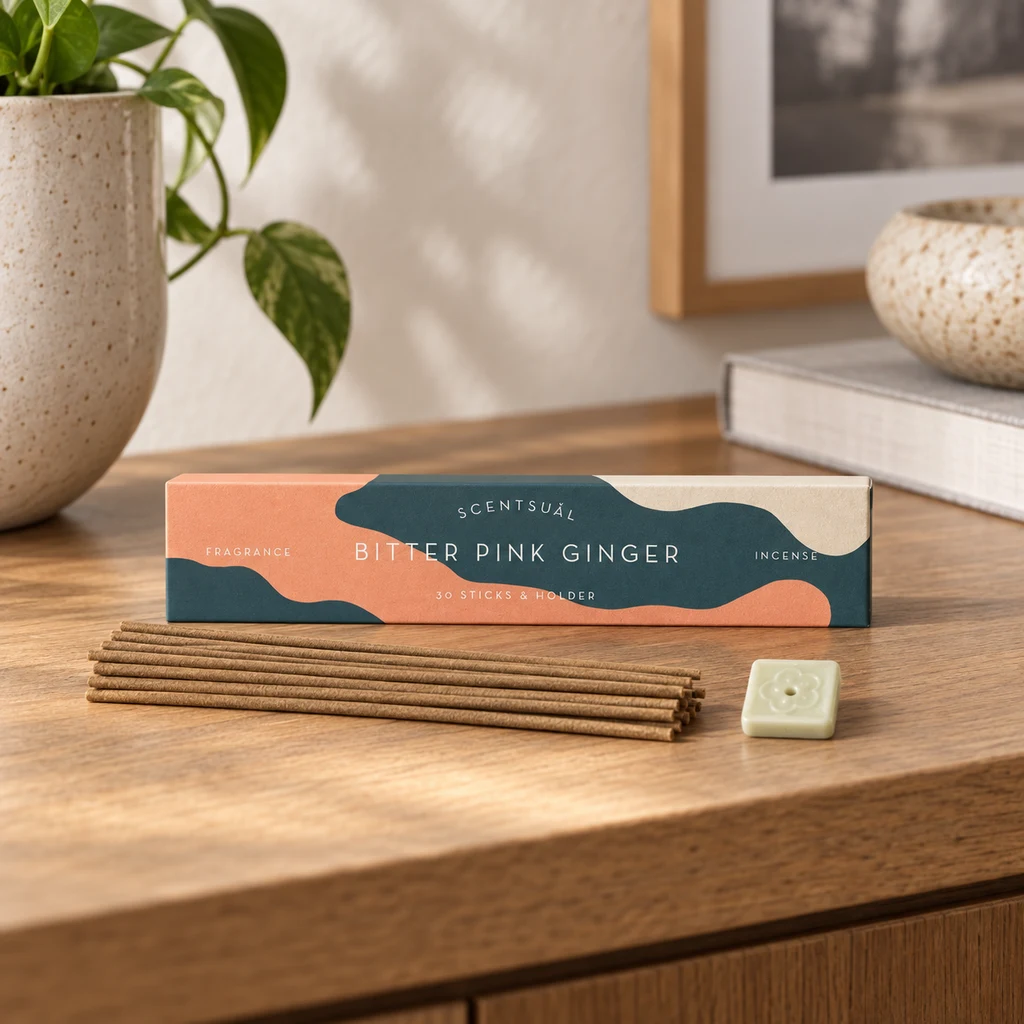Caja de incienso Scentsual Bitter Pink Ginger con varillas y pequeño soporte sobre una mesa de madera, junto a una planta.