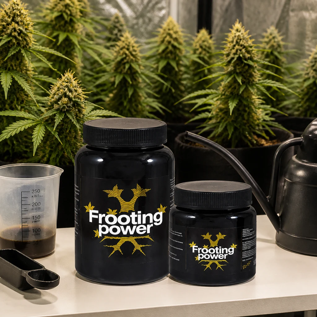 Escena generada con botes Frooting Power de distinto tamaño, vaso graduado y regadera ante plantas de cannabis en floración.