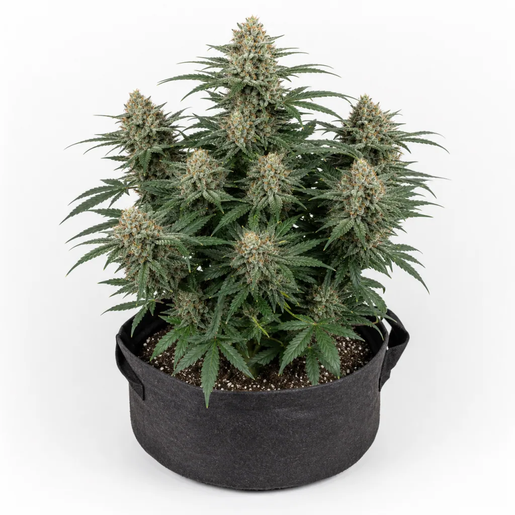 Planta de Frozen Black Cherry Feminizada en maceta textil negra, con numerosos cogollos y hojas verdes sobre fondo blanco.