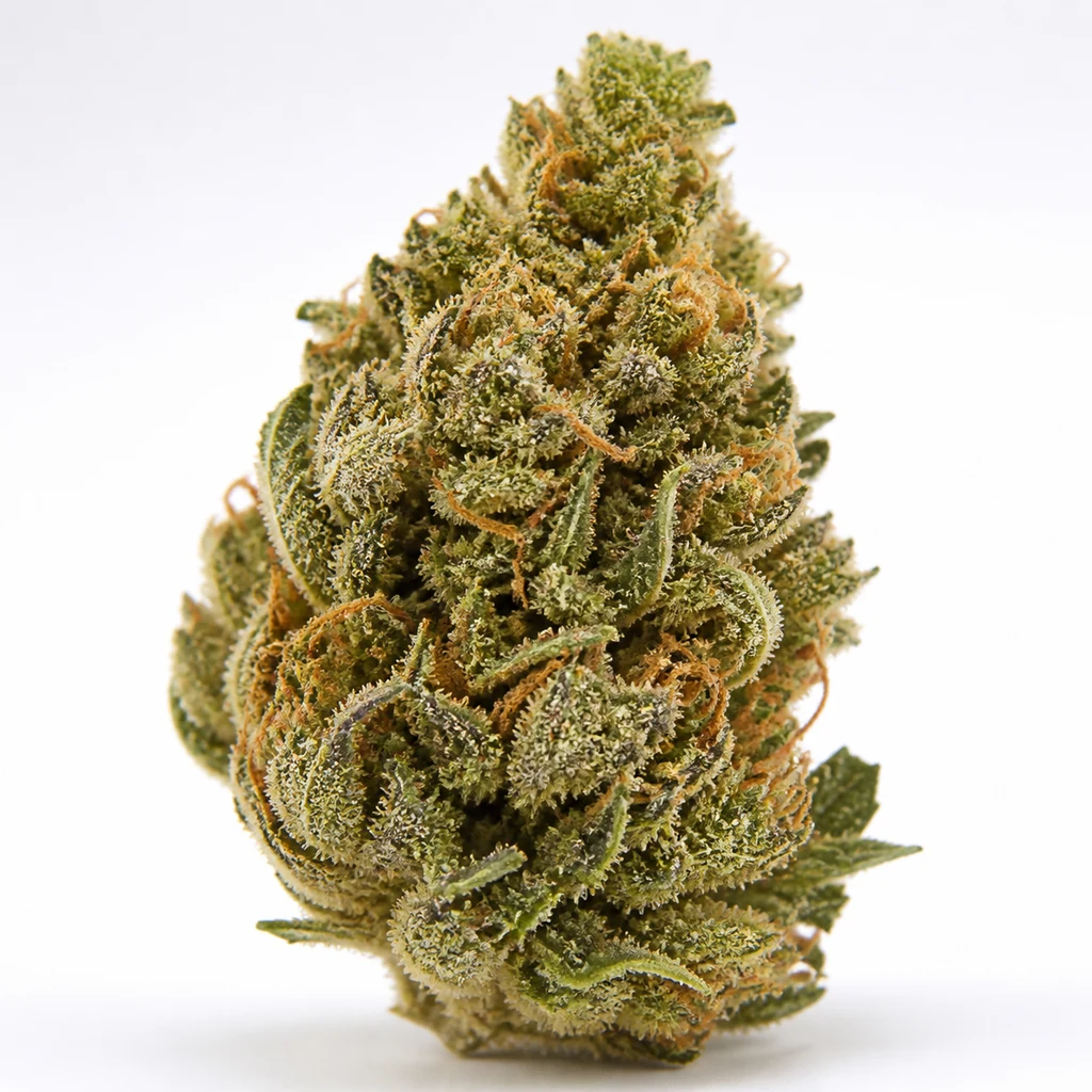 Ilustración de un cogollo alargado verde con pistilos naranjas y tricomas claros para la ficha de Fruit Cake Autoflower.