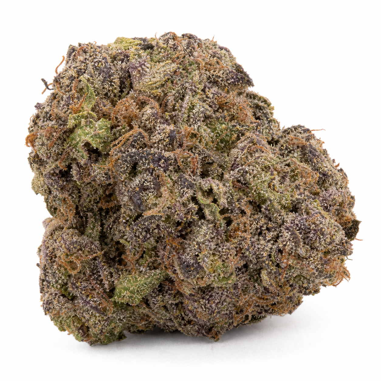 Cogollo de Fruity & Delicious Mix de Sweet Seeds en primer plano, con tonos verdes y morados, filamentos anaranjados y superficie blanquecina.