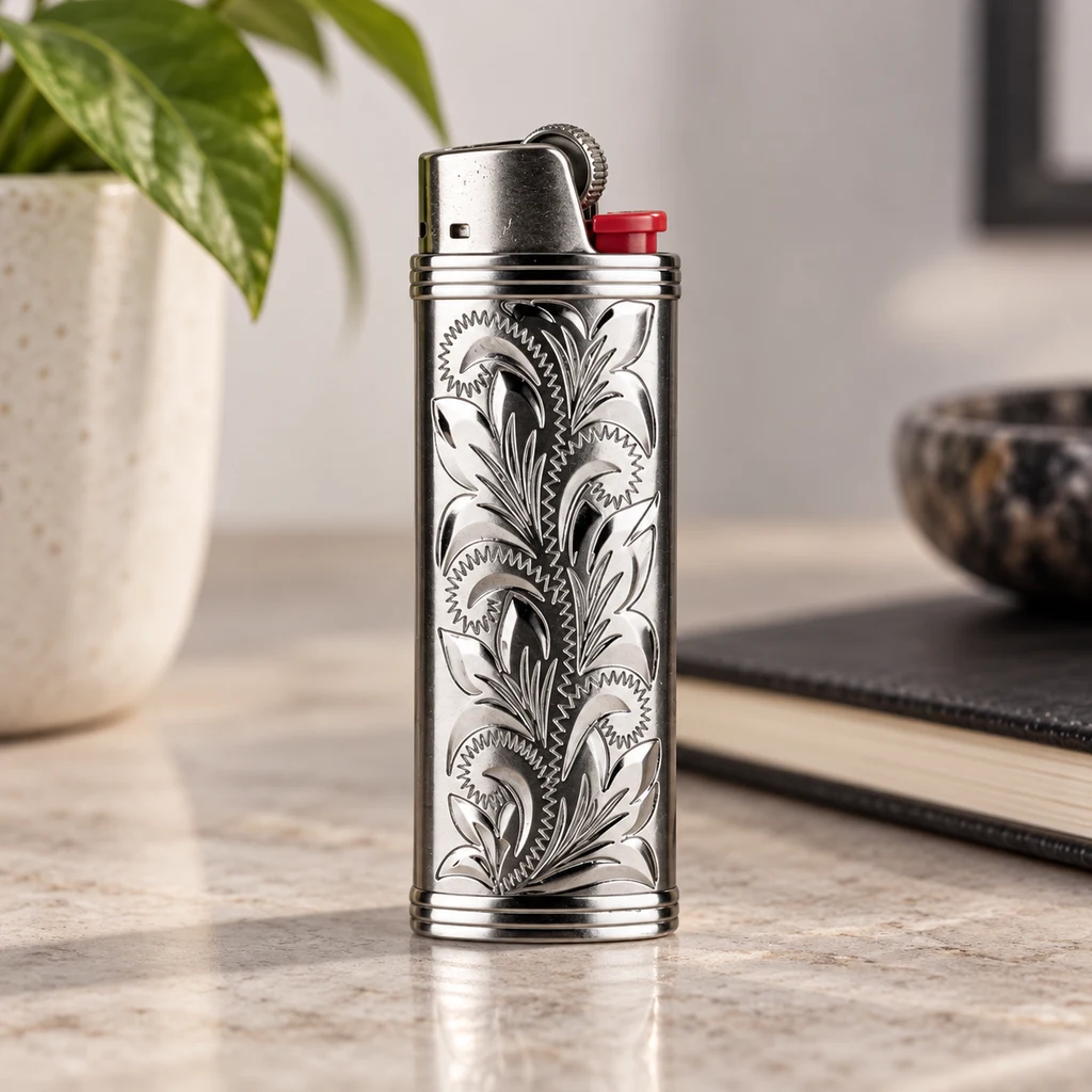 Estuche metálico plateado para mechero con motivos vegetales grabados, colocado de pie con la rueda y el pulsador rojo visibles.