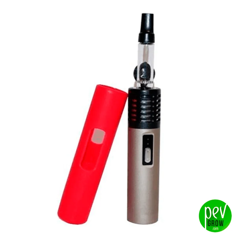 Funda roja de silicona para Arizer Air junto a un vaporizador plateado con boquilla transparente y negra, sobre fondo blanco.