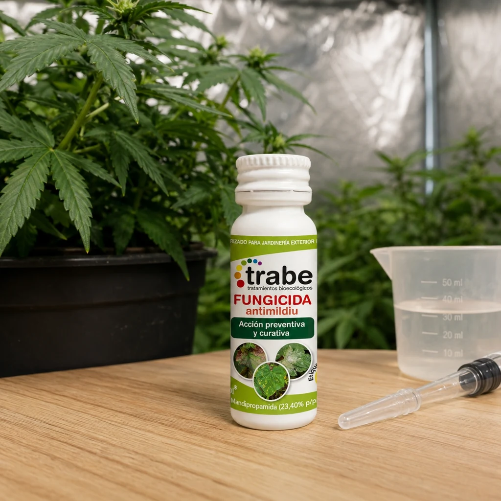 Escena generada de un frasco de fungicida Trabe antimildiu sobre una mesa, junto a un vaso graduado y una pipeta, con plantas al fondo.
