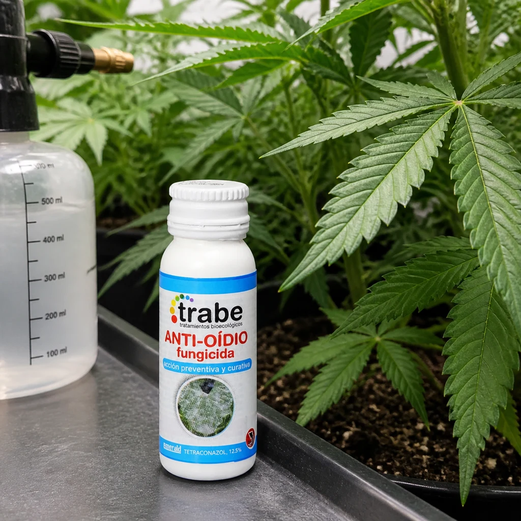Escena generada con un frasco de fungicida Anti-Oídio Trabe junto a un pulverizador y plantas de cannabis en macetas. Escena generada con un frasco de fungicida Anti-Oídio Trabe junto a un pulverizador y plantas de cannabis en macetas.