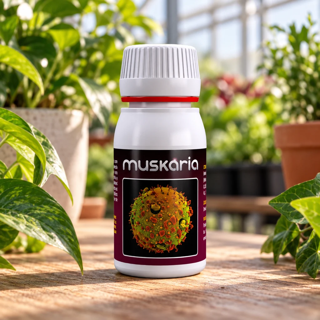 Bote blanco de Muskaria con tapón estriado, aro rojo y etiqueta oscura, sobre una mesa de madera rodeada de plantas.