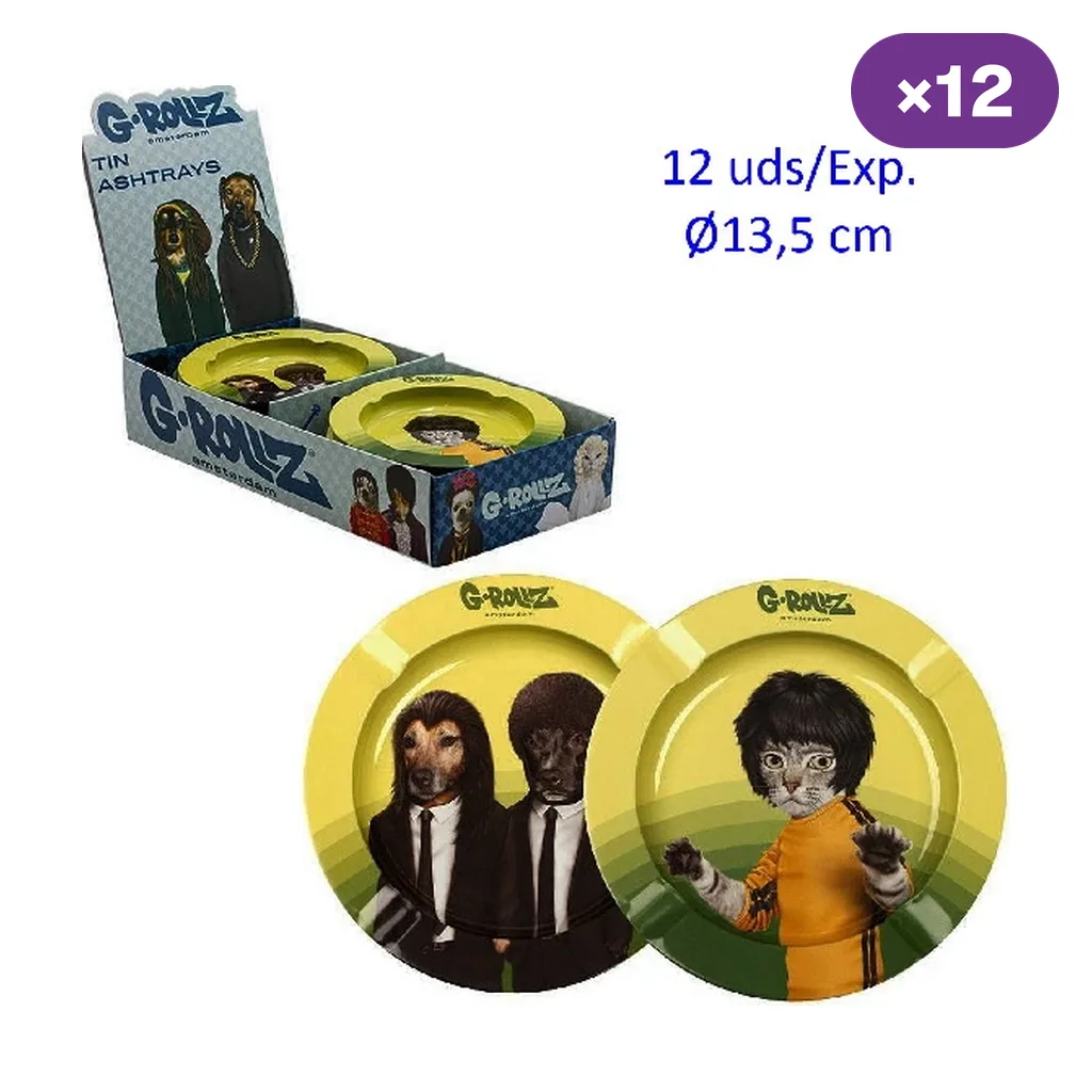 Ceniceros G-Rollz amarillos y verdes con distintos diseños de animales vestidos como personajes de cine, junto a un expositor.