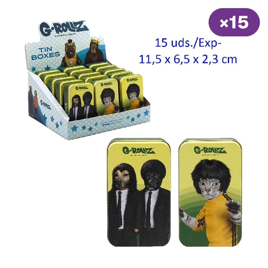 Expositor de cajitas G-Rollz y vista ampliada de dos diseños: animales con traje negro y un gato con atuendo amarillo.