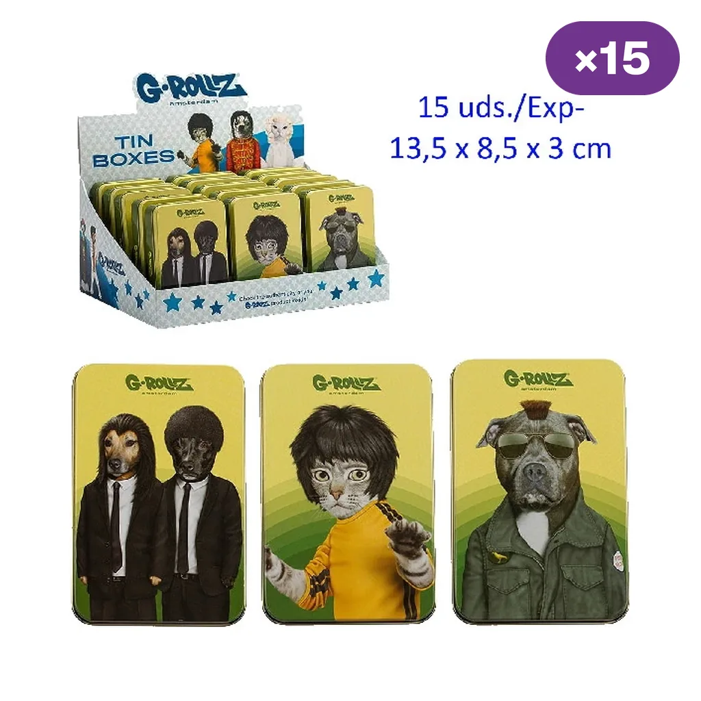 Cajitas G-Rollz con distintos diseños de animales caracterizados sobre fondo amarillo y verde, junto a un expositor.
