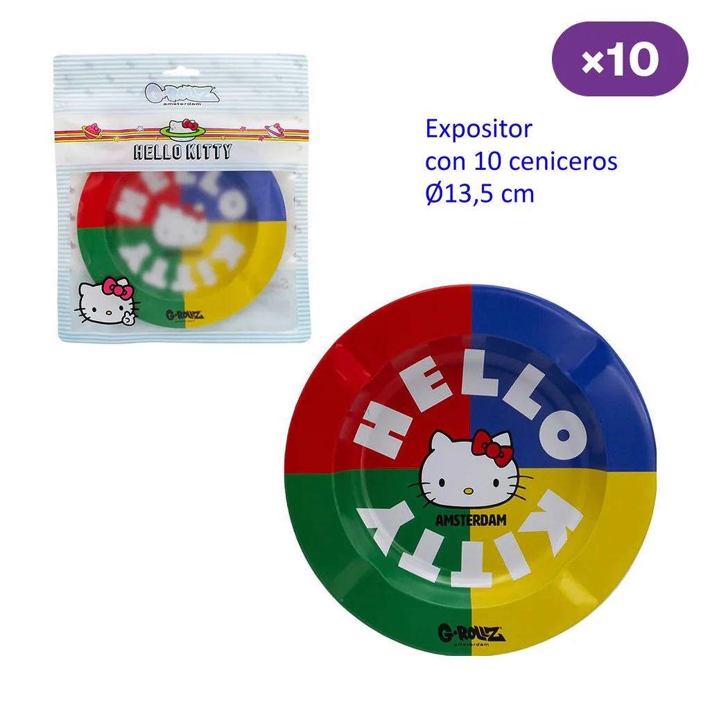 Cenicero G-Rollz con Hello Kitty en el centro y cuatro sectores rojo, azul, verde y amarillo, junto a su envase.