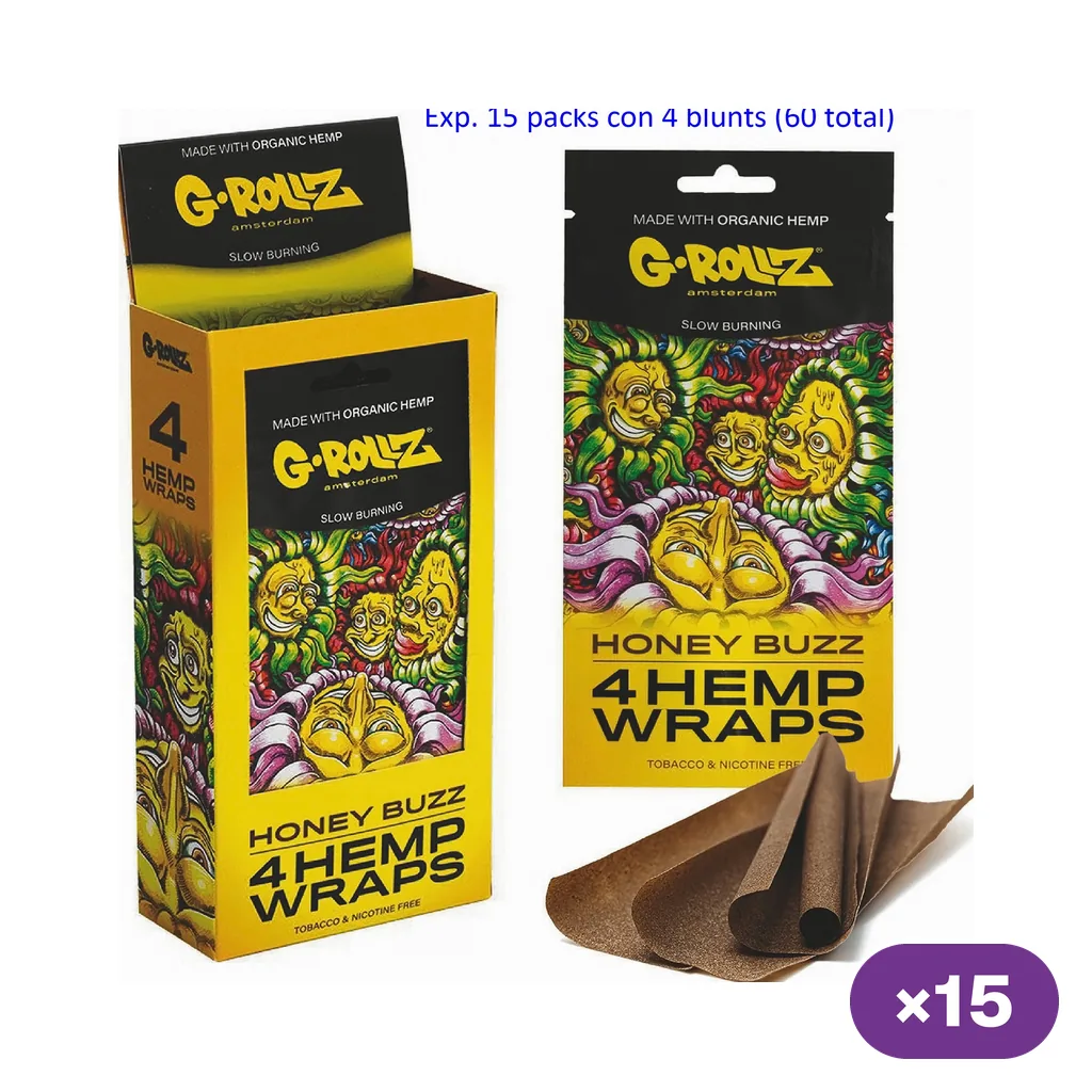 Expositor y sobre G-Rollz Honey Buzz con ilustraciones coloridas y láminas marrones delante; rótulo de 15 paquetes de 4 wraps, 60 en total.