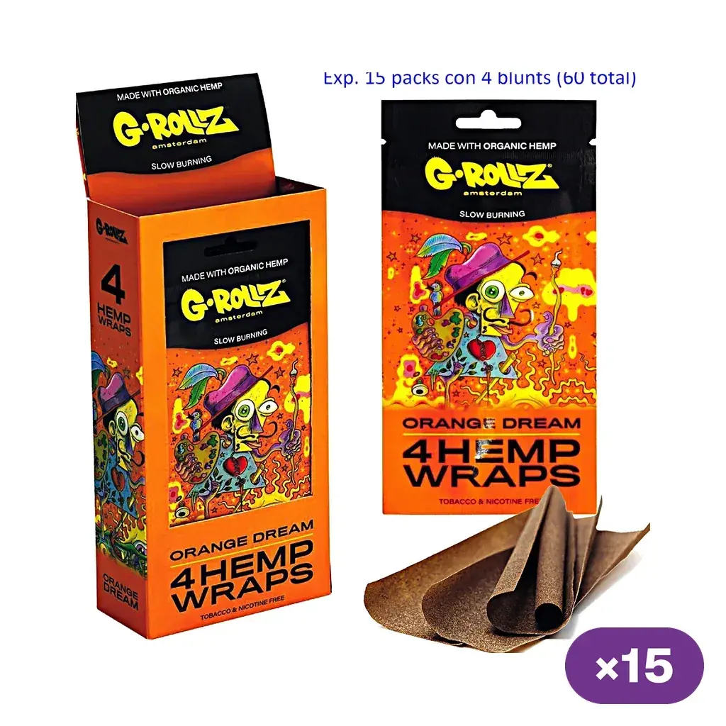 Caja expositora y sobre naranja G-Rollz Orange Dream, con indicación de 4 wraps de cáñamo por sobre, láminas marrones y distintivo de 15 sobres.