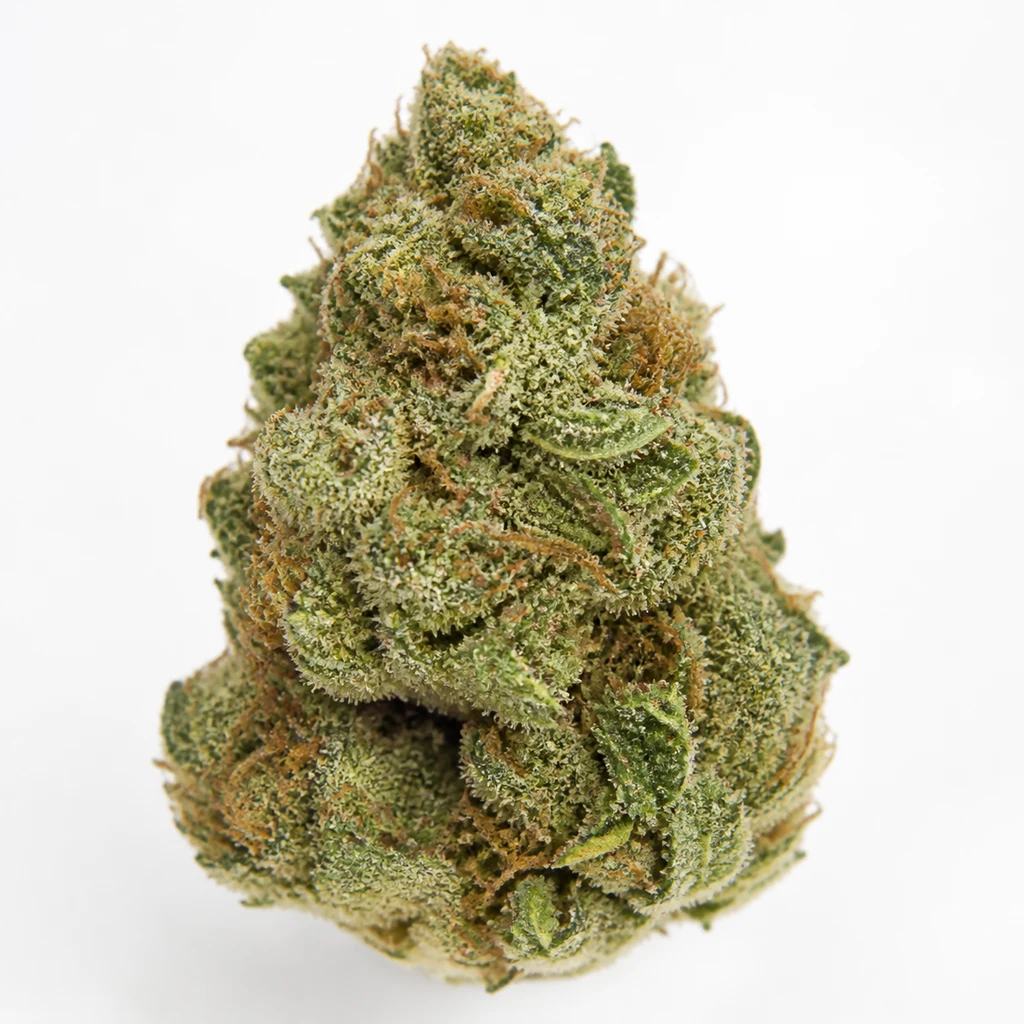 Ilustración de un cogollo verde de forma cónica y superficie blanquecina para la ficha de G13 Haze Regular de Barney's Farm.