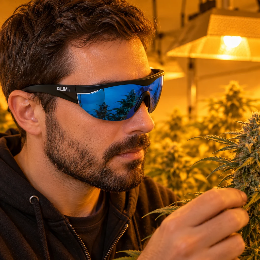 Hombre con gafas Lumii HPS de montura negra y lentes azules mientras examina una planta de cannabis bajo iluminación amarilla.
