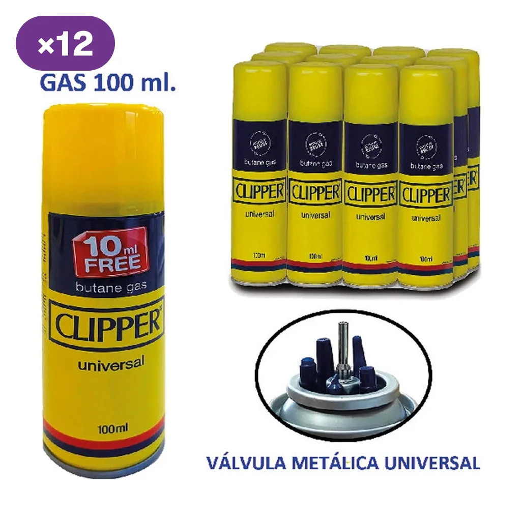 Gas Clipper de 100 ml en envases amarillos, con indicación de caja de 12 y detalle ampliado de la válvula metálica universal.