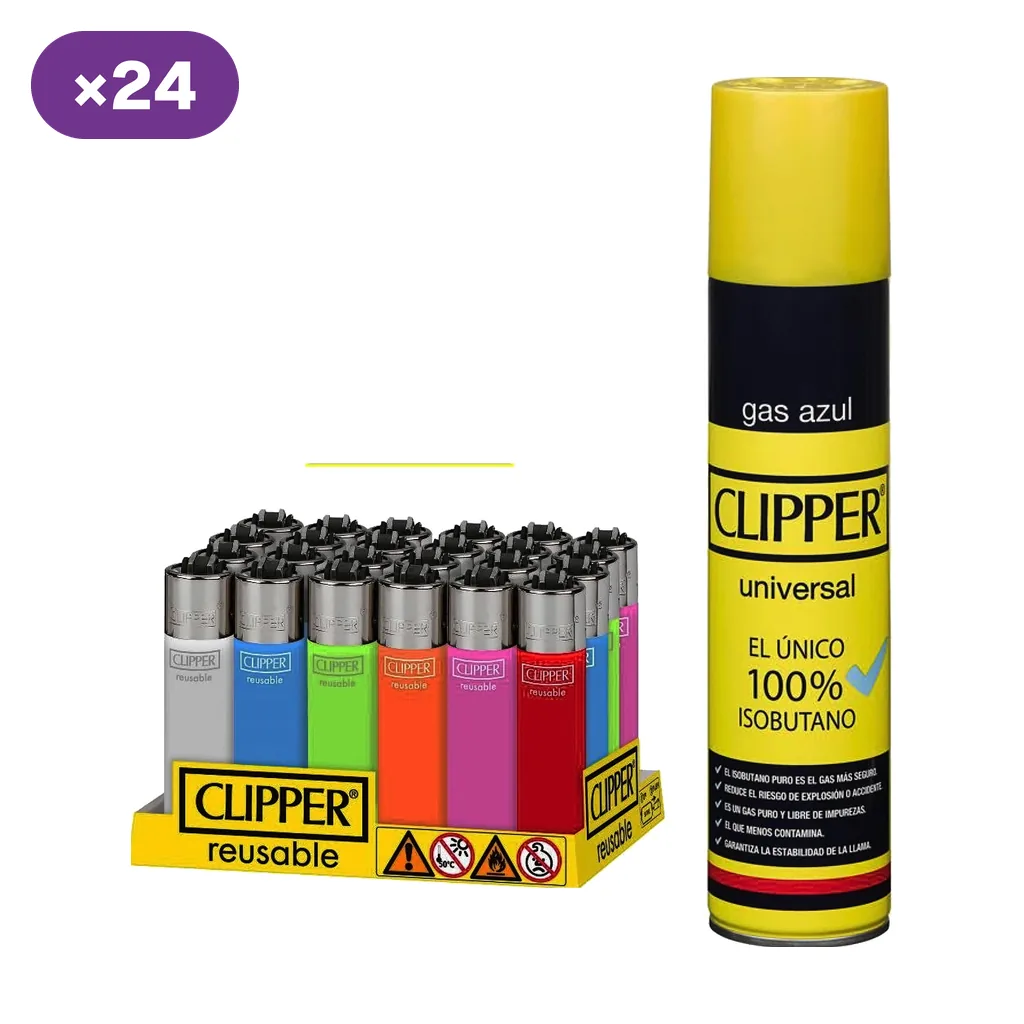 Bote amarillo de gas Clipper junto a un expositor con encendedores de varios colores y un distintivo que indica 24 unidades.