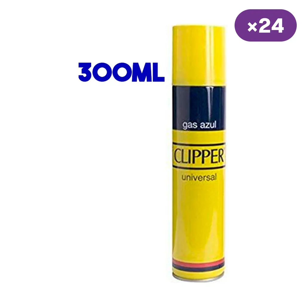 Bote amarillo de gas de recarga Clipper con etiqueta azul, texto «300ML» y distintivo «×24» sobre fondo blanco.