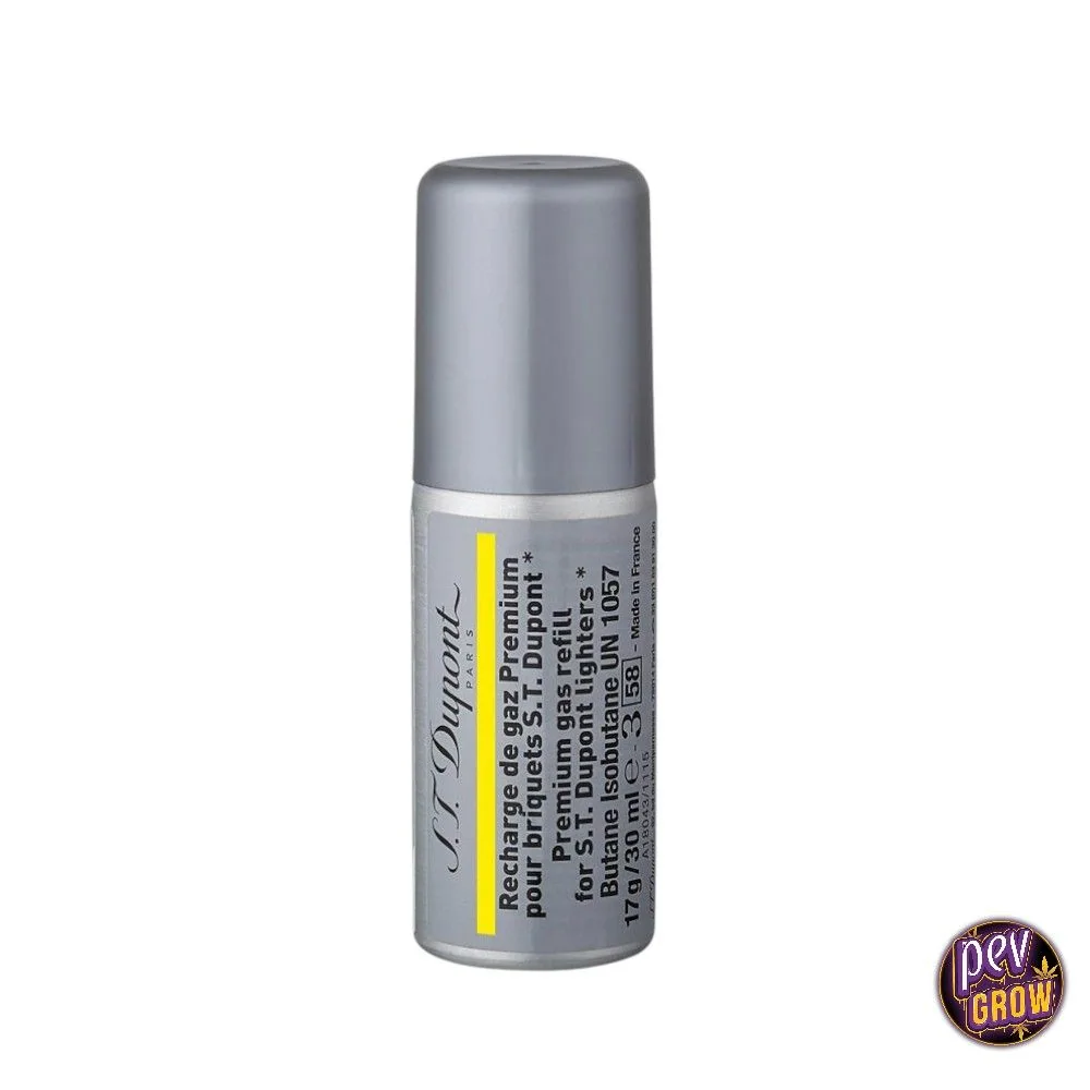 Recarga de gas S.T. Dupont de 30 ml, con envase y tapón grises y una franja amarilla vertical en la etiqueta.