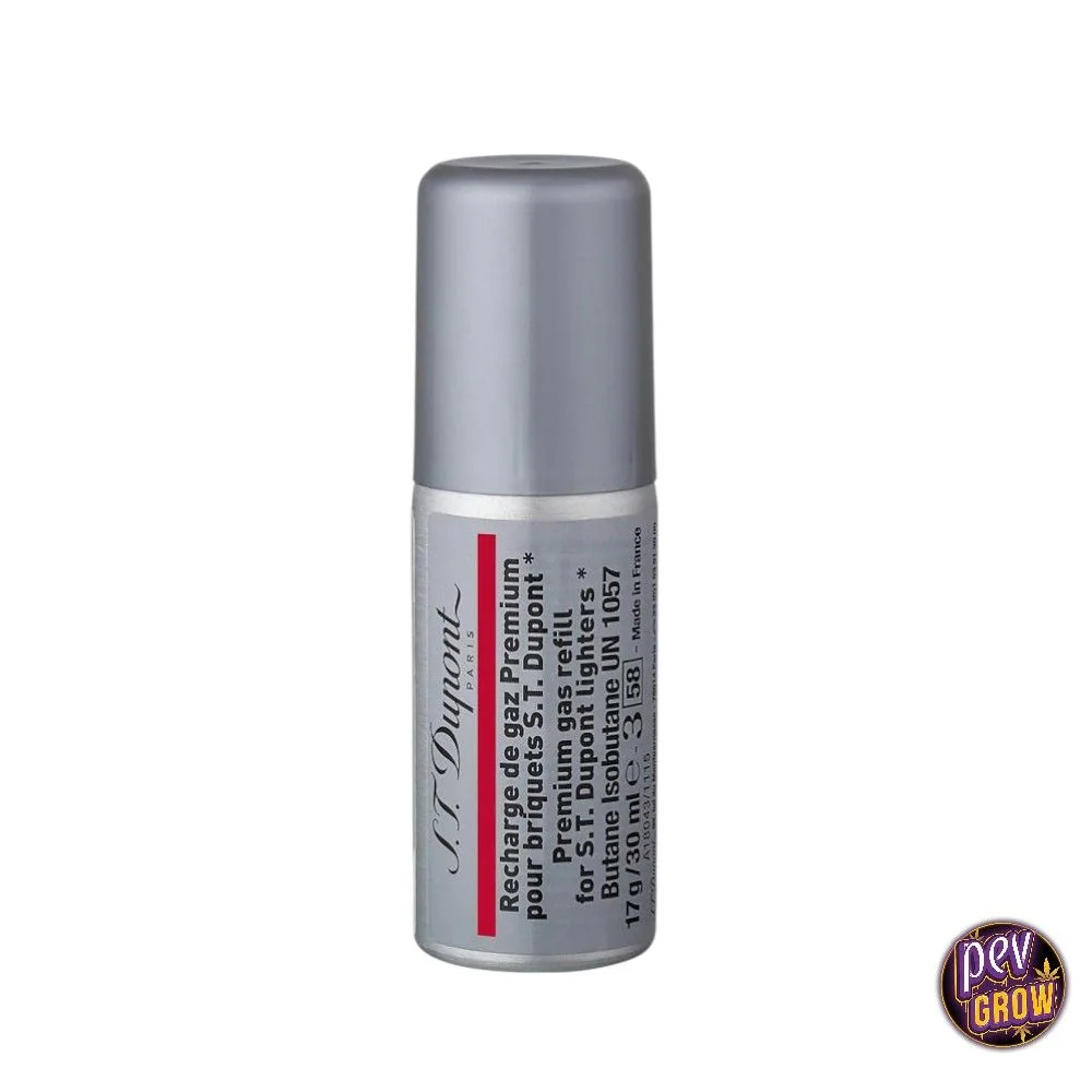 Recarga de gas S.T. Dupont de 30 ml, en envase cilíndrico con tapón gris y etiqueta plateada con una franja roja, sobre fondo blanco.